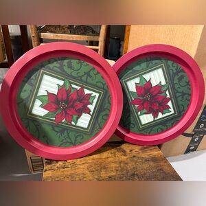 Festive Red and Green Poinsettia Metal Holiday Plates